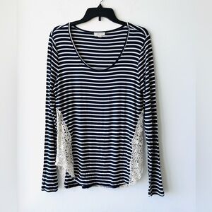 Womens Top Breton Stripe Navy White Crochet Long Sleeve Size L Nautical Boho Art